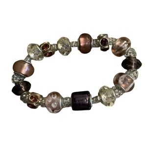 Pink Purple Clear Beaded Stretch Charm Bracelet